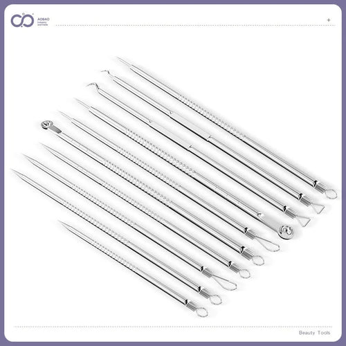 Four silver metal acne needles with ultra-fine points for blackhead removal.