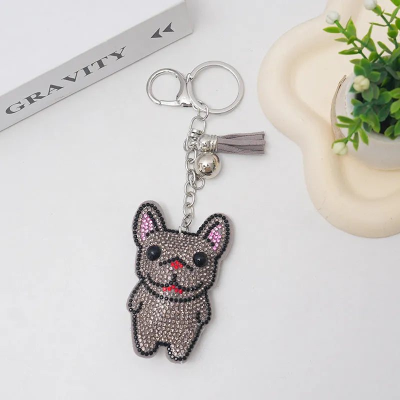 French dog rhinestone keychain pendant with cartoon animal charm on alloy base