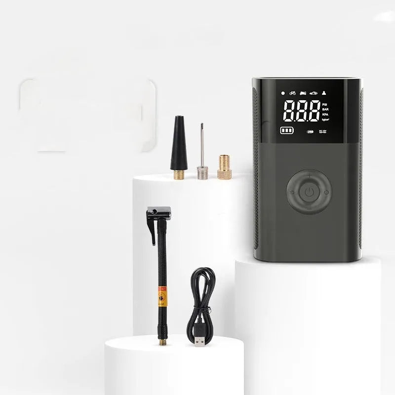 Wireless digital handheld tyre inflator pump with LCD display and multiple adapter attachments