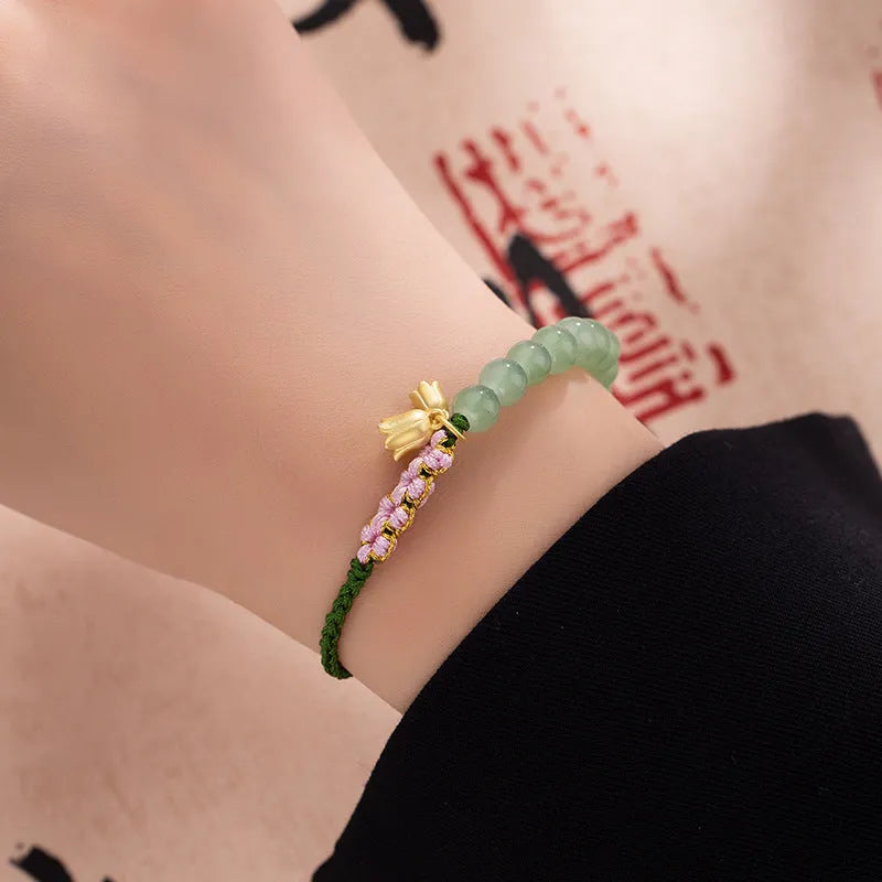Hand woven red rope bracelet with flower charm, Lily Carrying Strap colour, national style for women