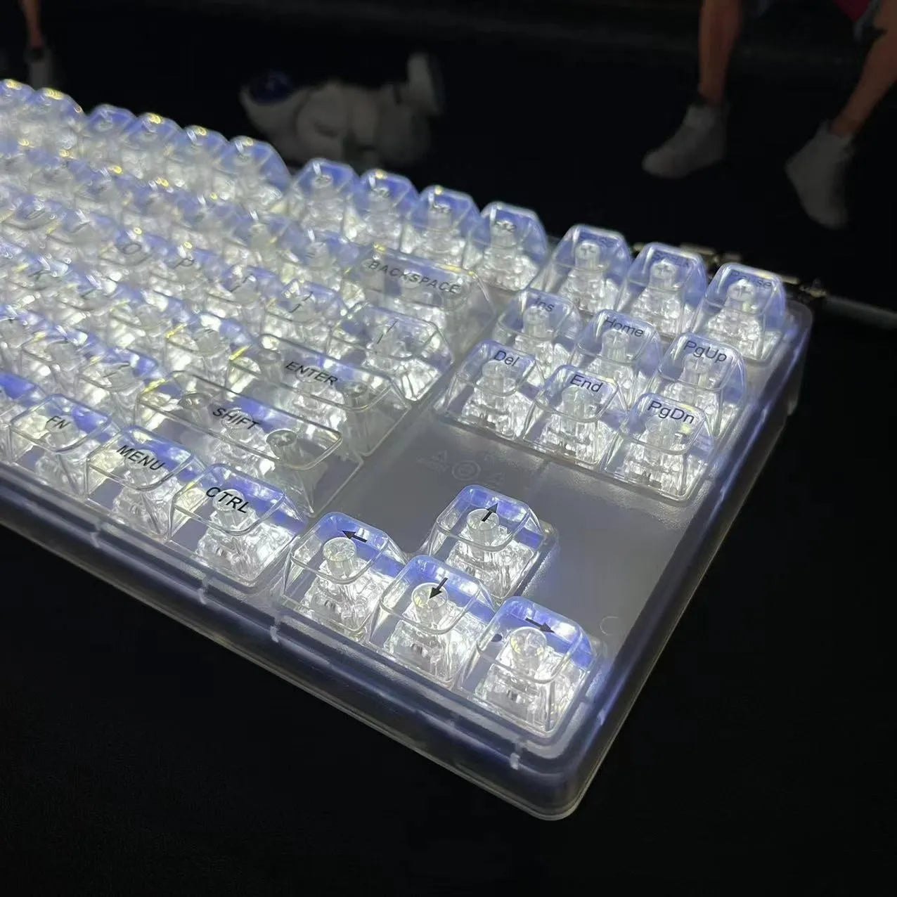 132 transparent plastic mechanical keyboard key caps laid out in full set