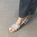 Women's retro soft leather thin cross straps high heel sandals with square toe and ankle buckle