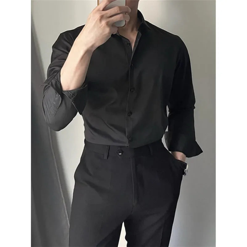 Men's Korean slim fit solid colour shirt in white, cardigan style, polyester blend, available in multiple sizes