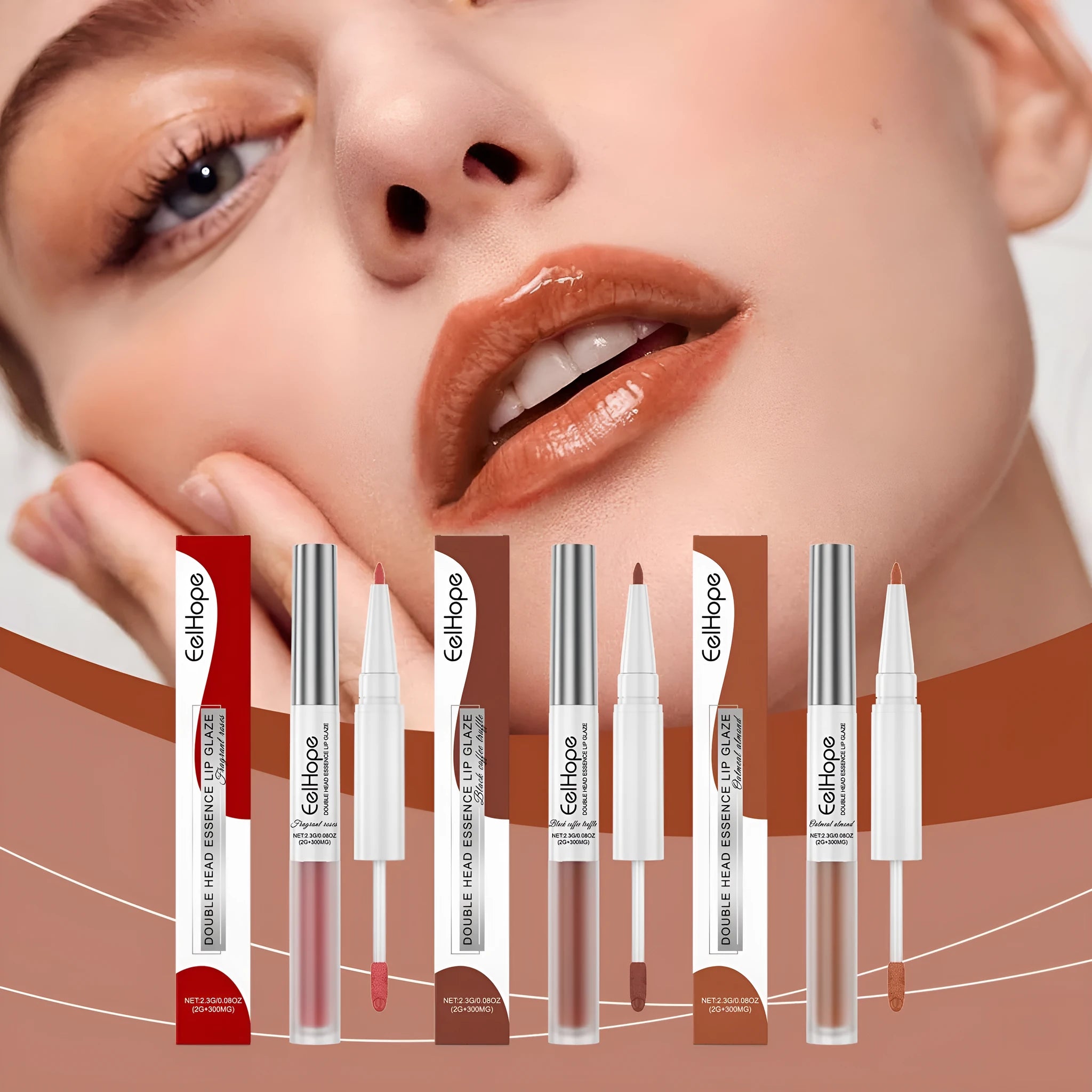 Double-headed lip liner and lip lacquer pen with two applicators in one makeup product