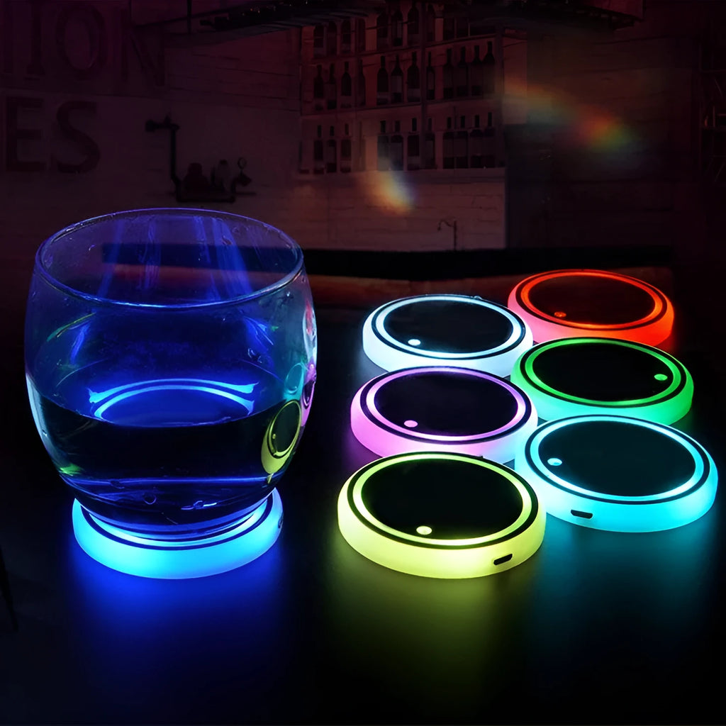 Colourful LED light-up coaster in car cup holder with seven lighting options