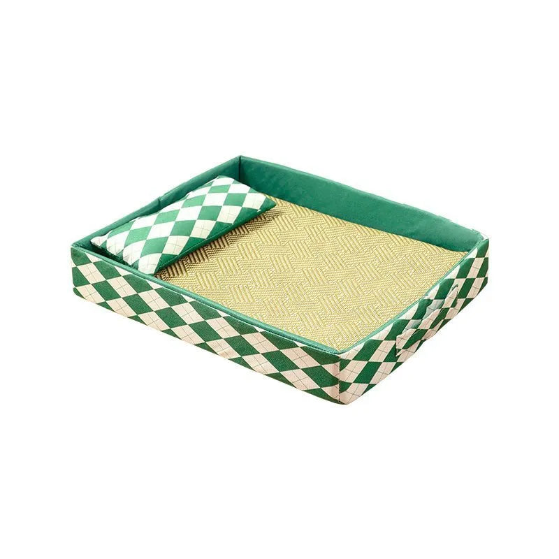 Blue woven rattan cat mat on a wooden floor, showing size scale compared to a cat.