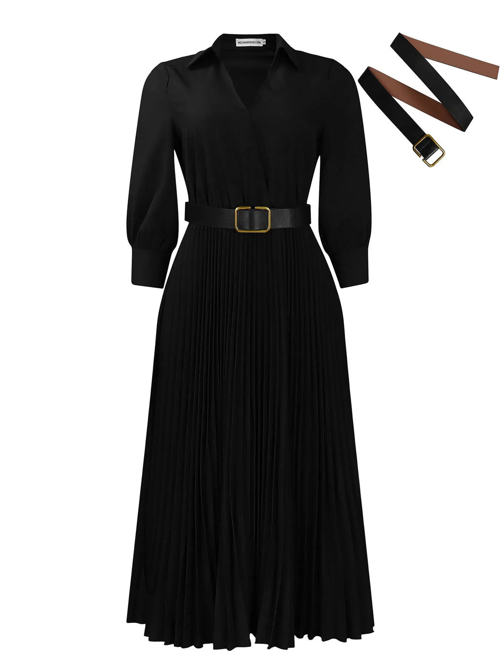 Solid colour pleated dress with collar and belt, high-waist mid-length polyester dress in black, pink, or rose red