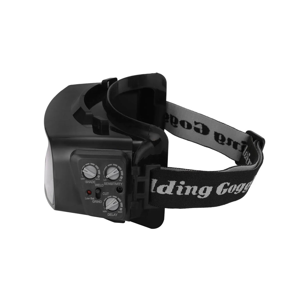 Black automatic darkening welding mask with a large rectangular viewing lens and adjustment controls on the side.