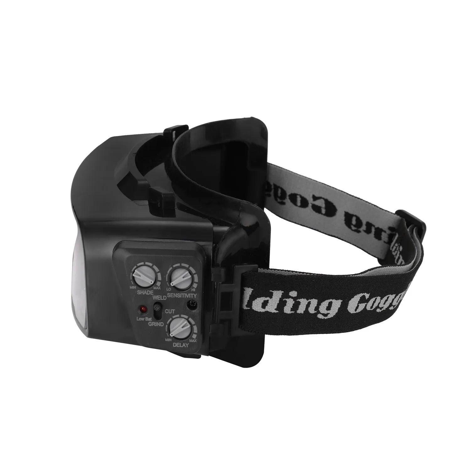 Black automatic darkening welding mask with a large rectangular viewing lens and adjustment controls on the side.