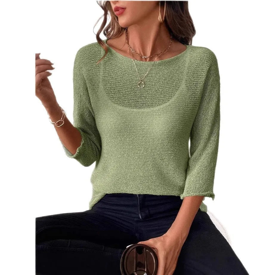 Thin knitted off-the-shoulder top for women in bean purple with 3D pattern and three-quarter sleeves.