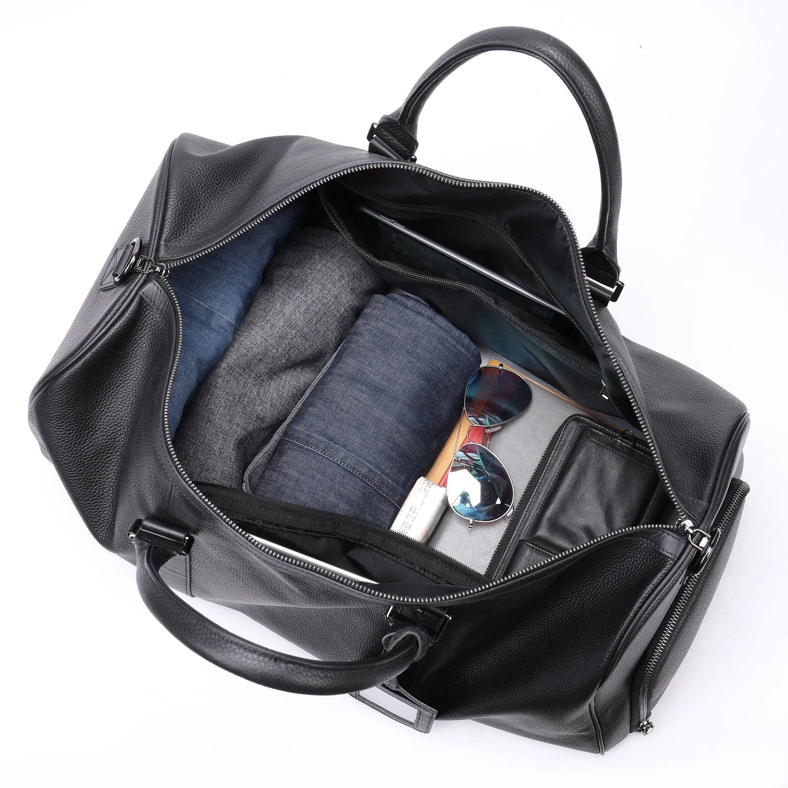 Men's black leather excursion tote bag with single shoulder strap
