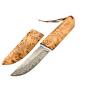 Damascus pattern steel short knife with VG10 steel blade and Thuja wood handle on wooden surface