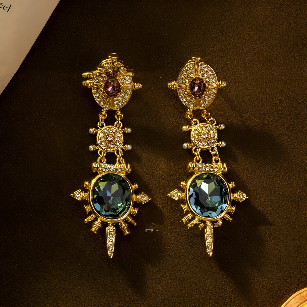 Gold retro geometric stud earrings with round design elements and diamond treatment