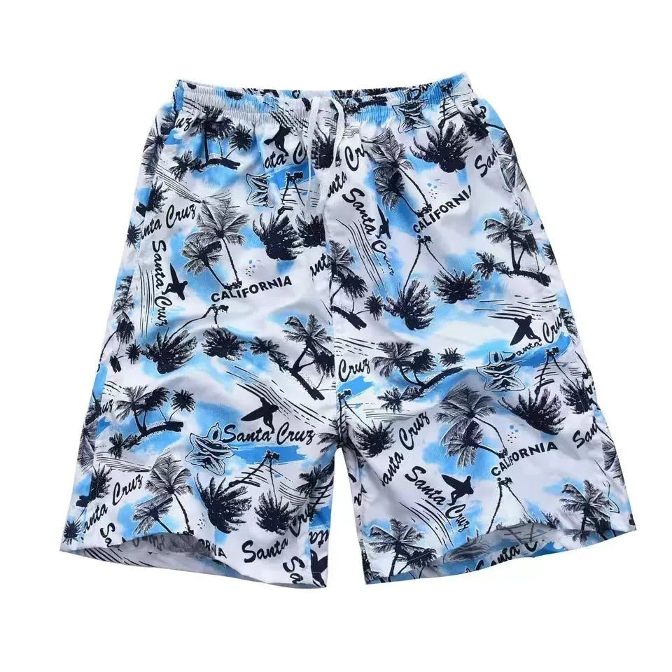 Men's floral print swimming trunks in polyester fabric with five-point casual design