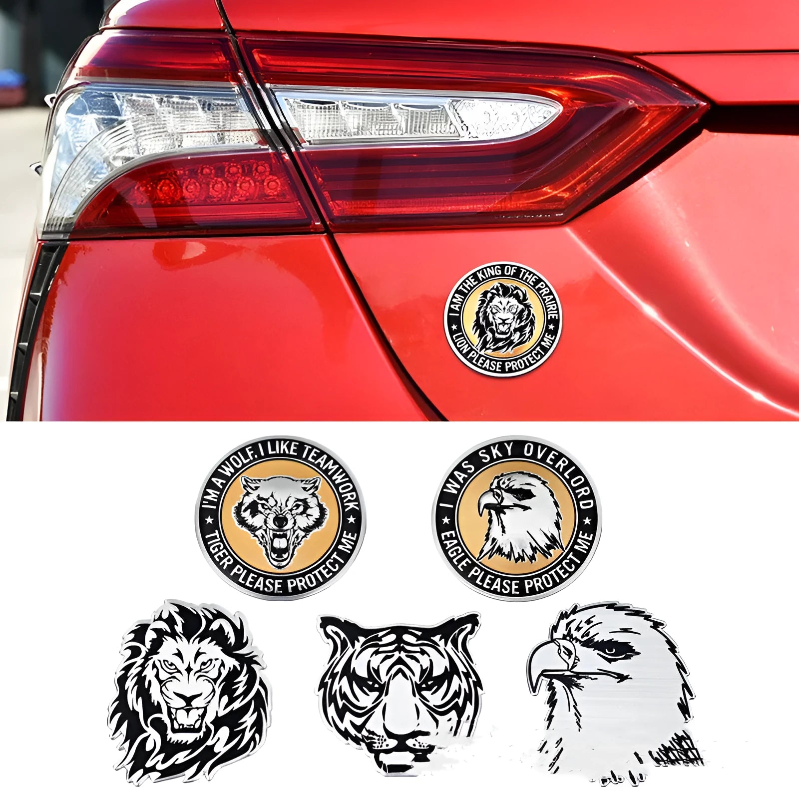 Aluminium car stickers showing eagle, lion, tiger and wolf head designs for vehicle decoration