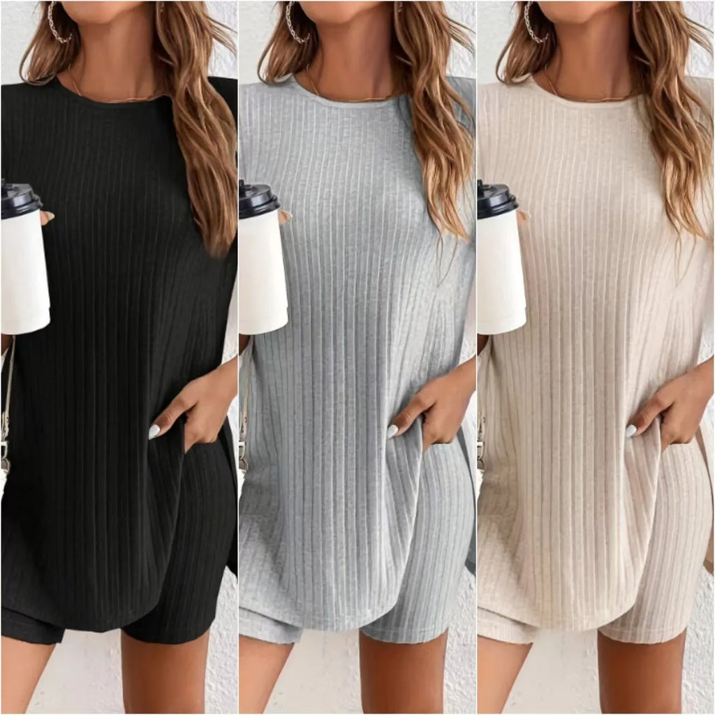 Women's casual crew neck short sleeve shorts suit in cotton blend, black color option, front view