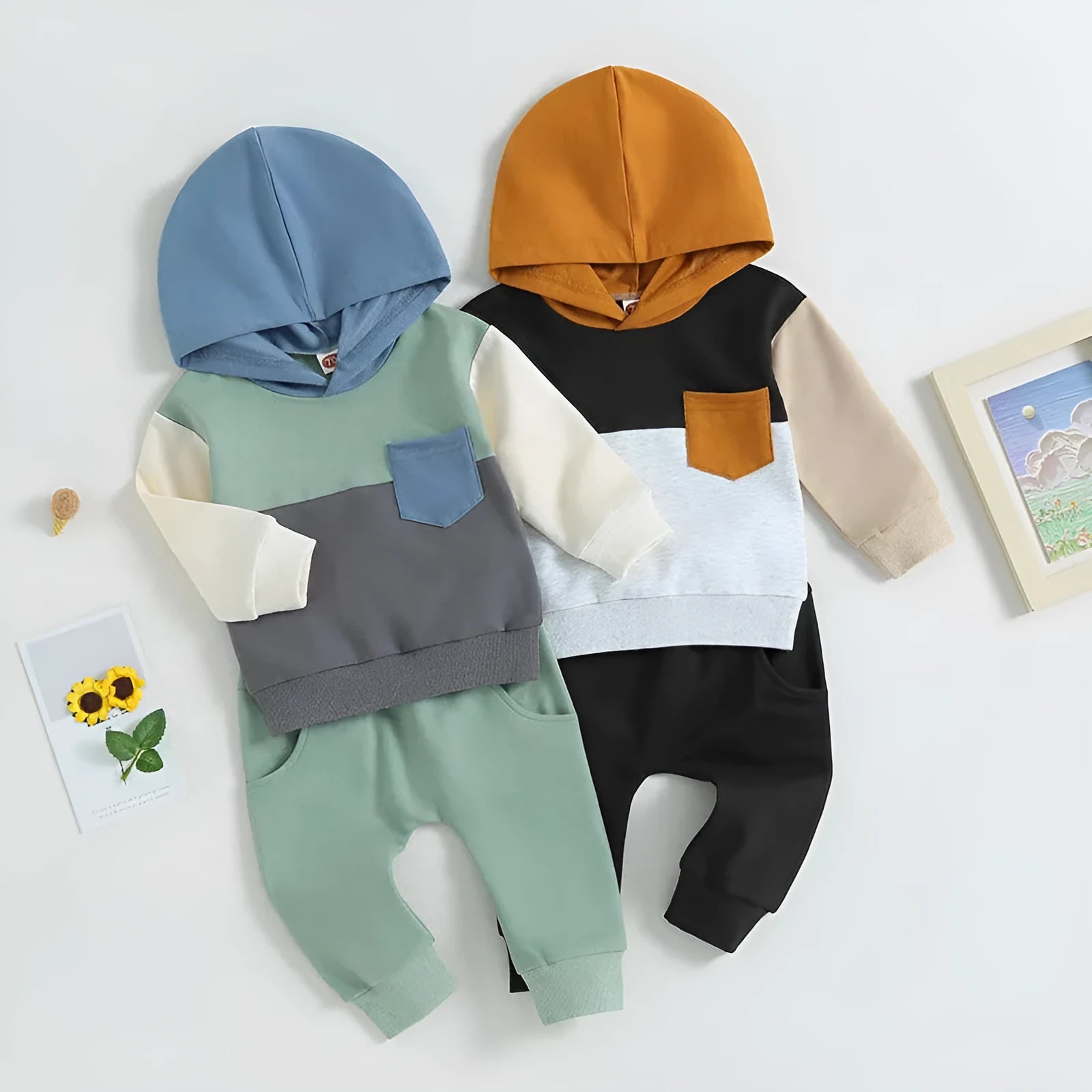 Children's hooded sweater set with patchwork pockets in green and black casual two-piece tracksuit for boys and girls