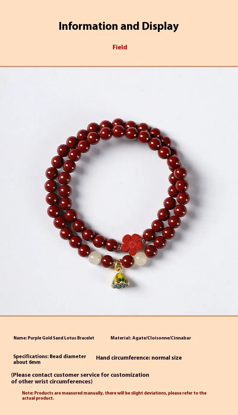 Purple gold cinnabar double circle bracelet with hand-woven lotus seedpod beads, 6mm, retro women's jewellery