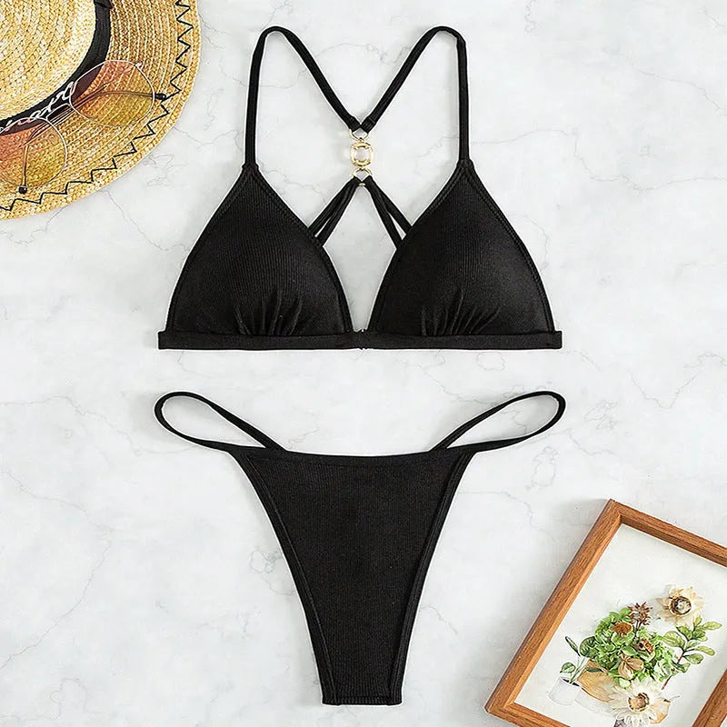 Black women's triangle bikini with hollow backless design and high-cut split side bottoms