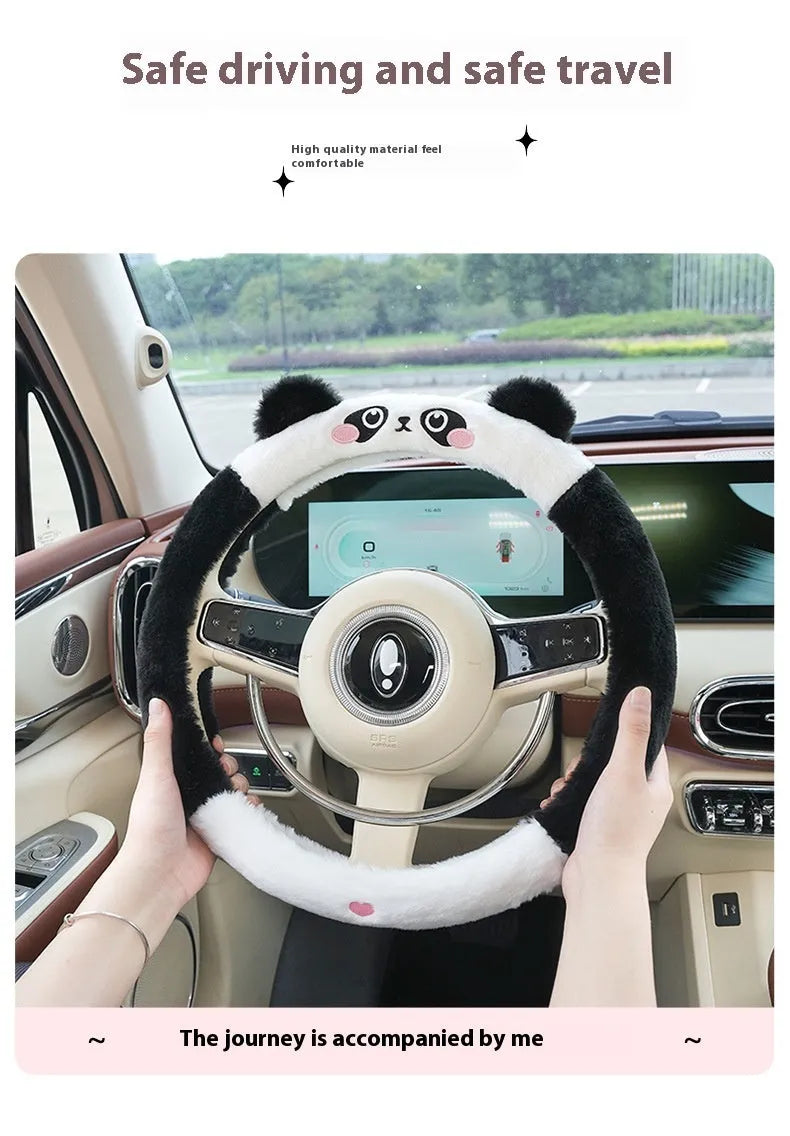 Plush steering wheel cover with embroidered animal design for 38cm diameter wheels