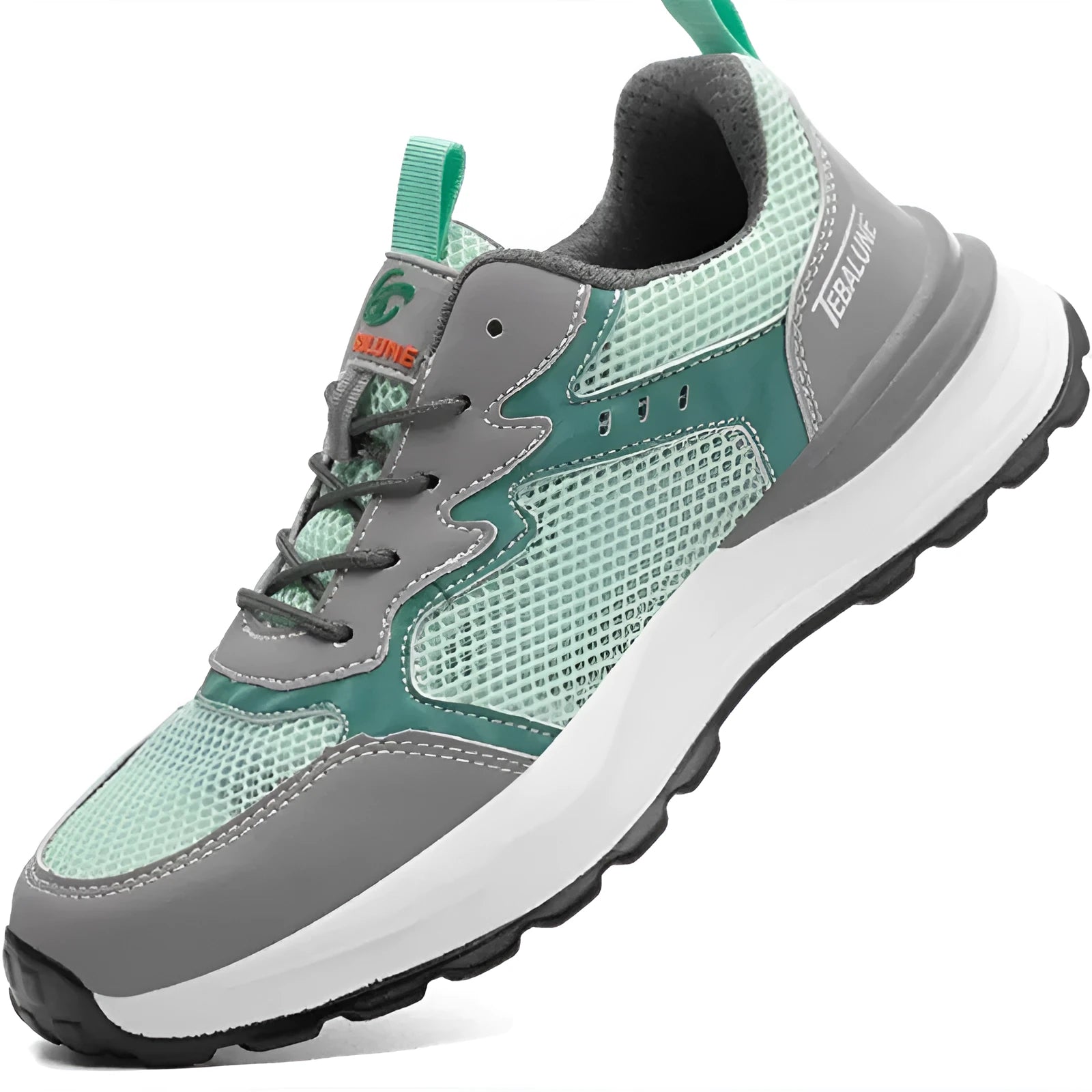 Green low-top anti-smash work shoes with plastic toe cap and mesh upper