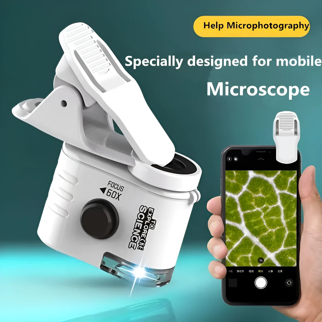 Mini mobile phone microscope with 60x magnification, LED light, and universal clip attached to a smartphone camera