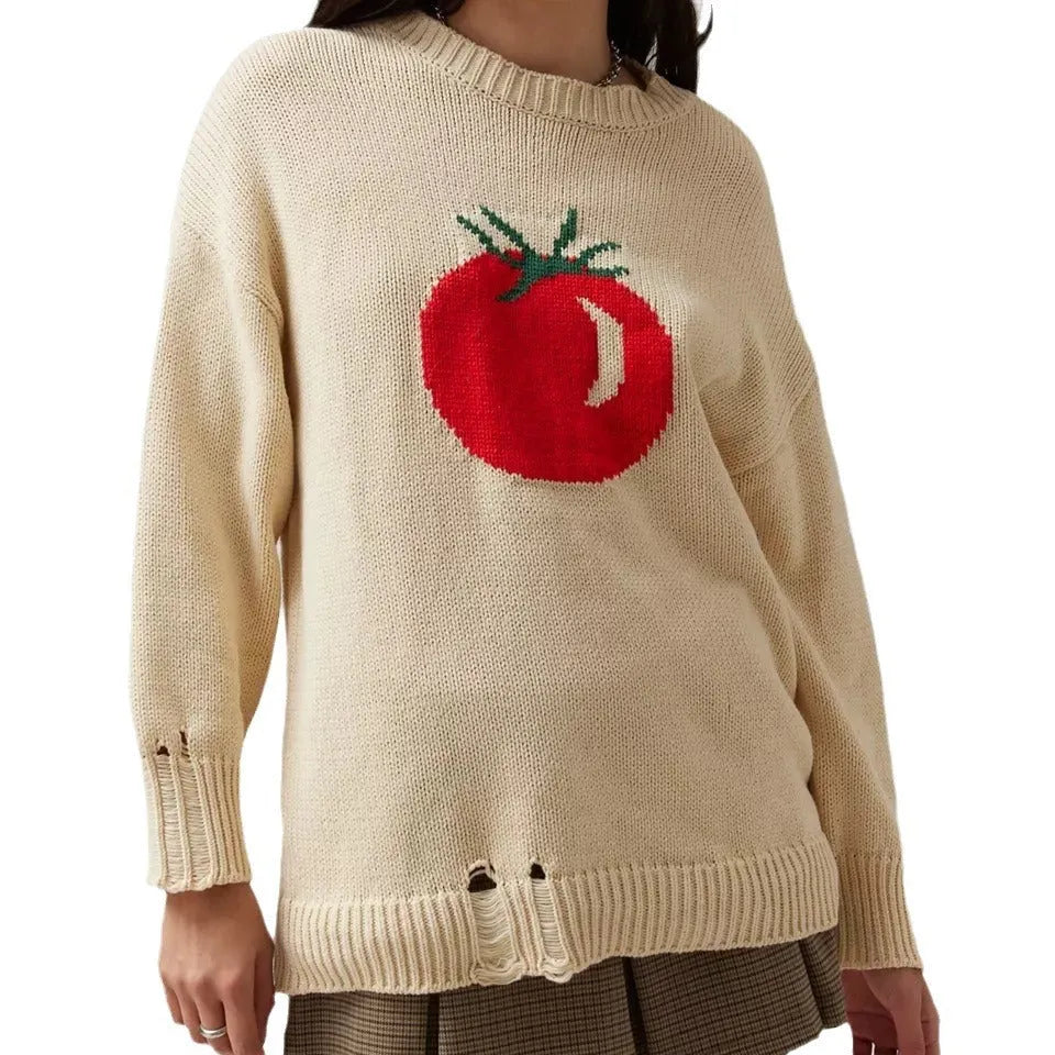 Women's loose-fitting milky white acrylic Jacquard knit sweater with round neck and long sleeves.