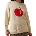 Women's loose-fitting milky white acrylic Jacquard knit sweater with round neck and long sleeves.