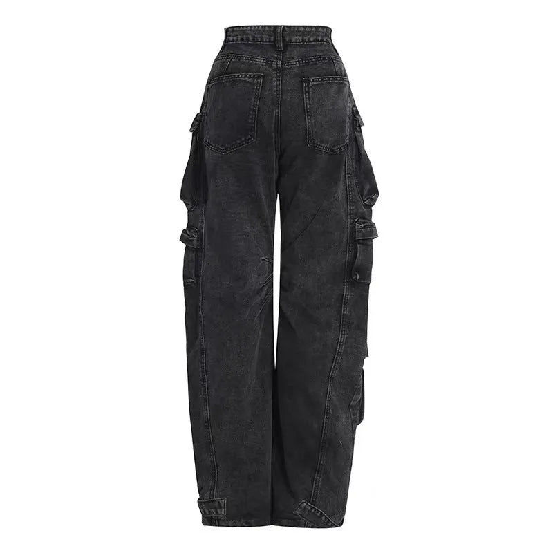 Women's blue tie-dyed wide-leg high-waist jeans with multiple pockets on a street hipster style denim overall.