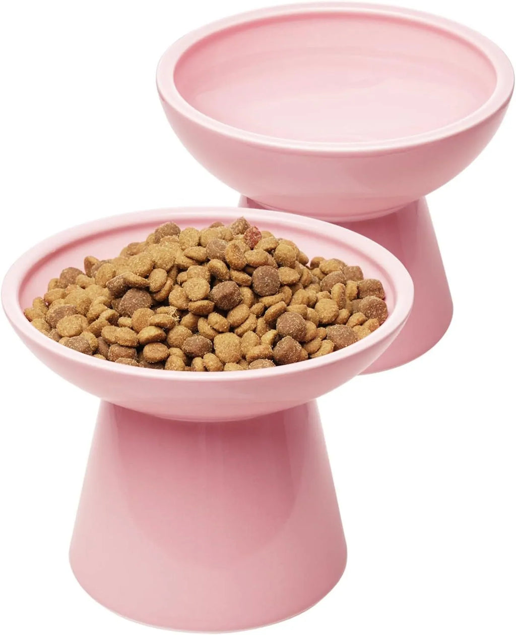 Ceramic elevated cat food bowl in blue, green, pink or white with wide shallow design