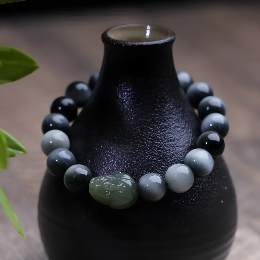 Natural Hetian jade and eagle eye stone Pixiu bracelet, 10mm, black colour, unisex, handcrafted