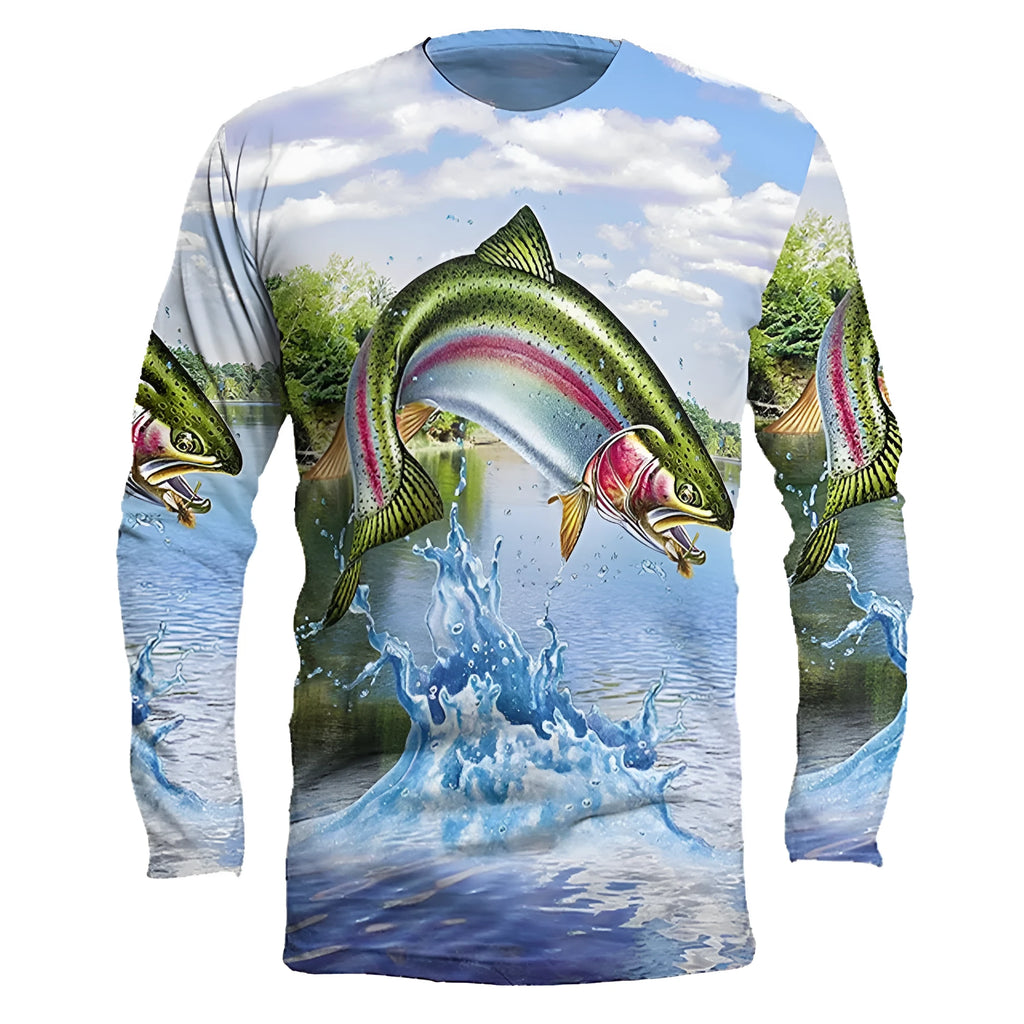 Men's round neck long sleeve pullover top with a fish print design in various colours.