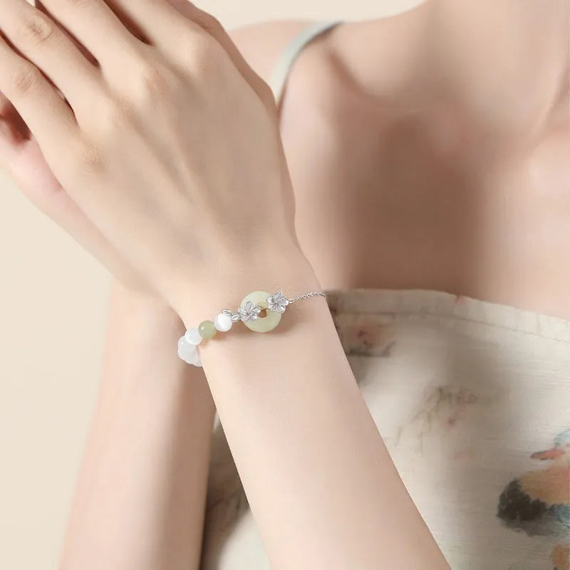 Peach blossom safety buckle bracelet for women, pure silver with electroplated finish, white gold colour option