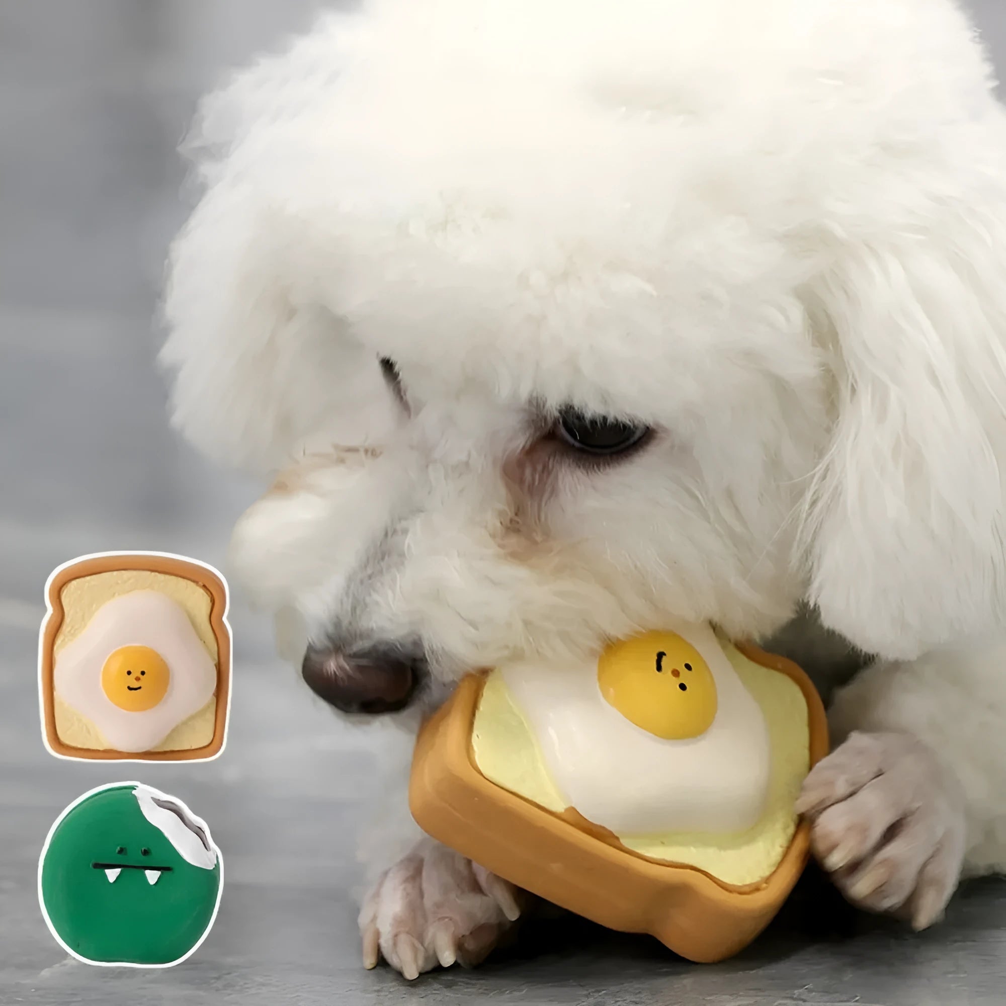 Cute cartoon pattern latex dog toy in egg bread shape, bite resistant squeaky chew toy for puppies, yellow and green