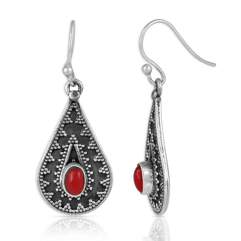 Silver water drop earrings with red pine gemstone centre on zinc alloy body