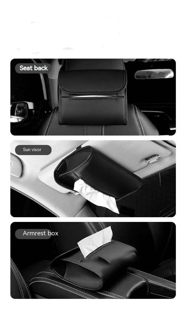 Leather car tissue box with elastic band for mounting on vehicle sun visor or headrest