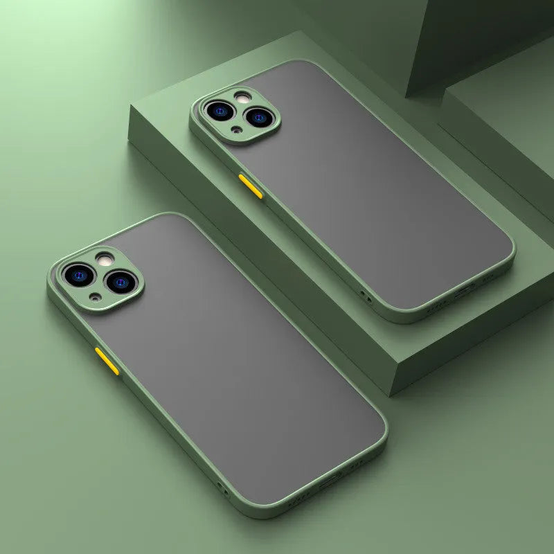 Frosted hard protective phone case for iPhone in black, green, or blue, showing full camera lens coverage.