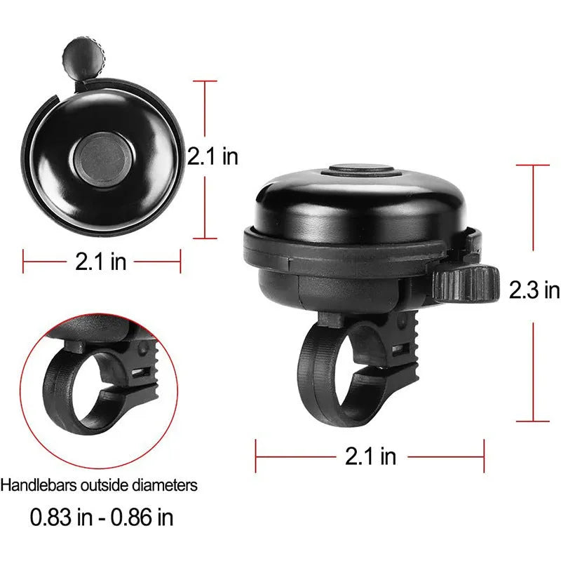 Black ABS bicycle flat bell 58mm diameter on handlebar with fixture for mountain bike