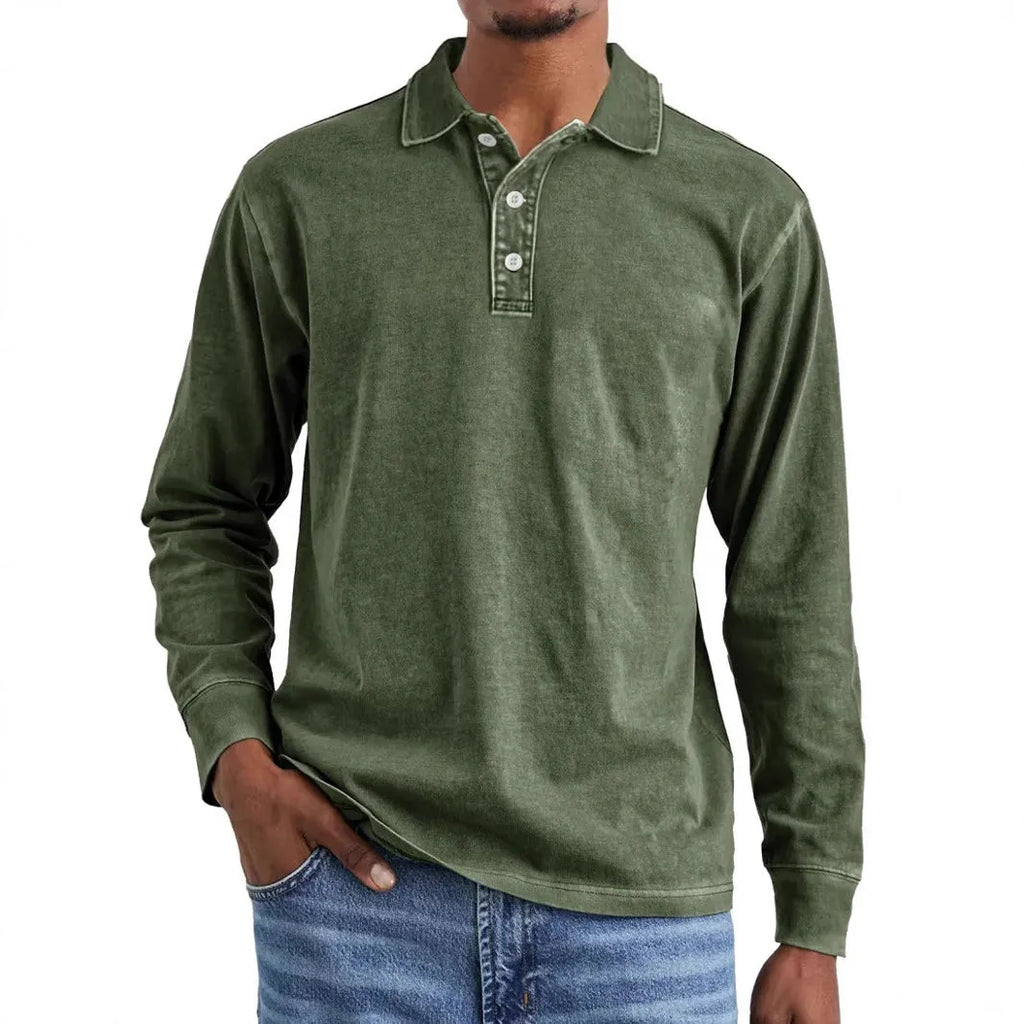 Retro style long sleeve polo shirt with lapel collar in washed, distressed cotton fabric.