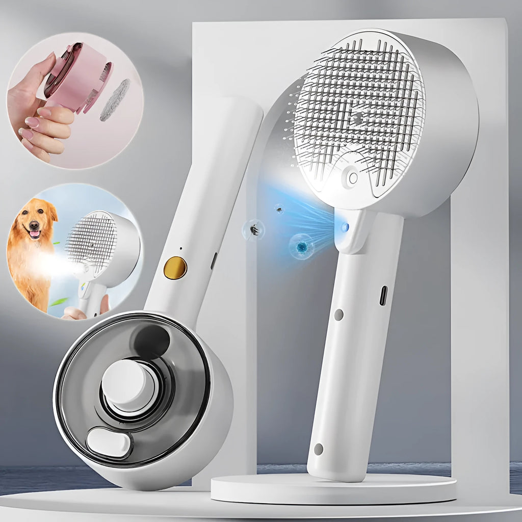 Electric pet hair remover brush with UVC sterilisation and mist spray for dogs and cats in Ceramic White