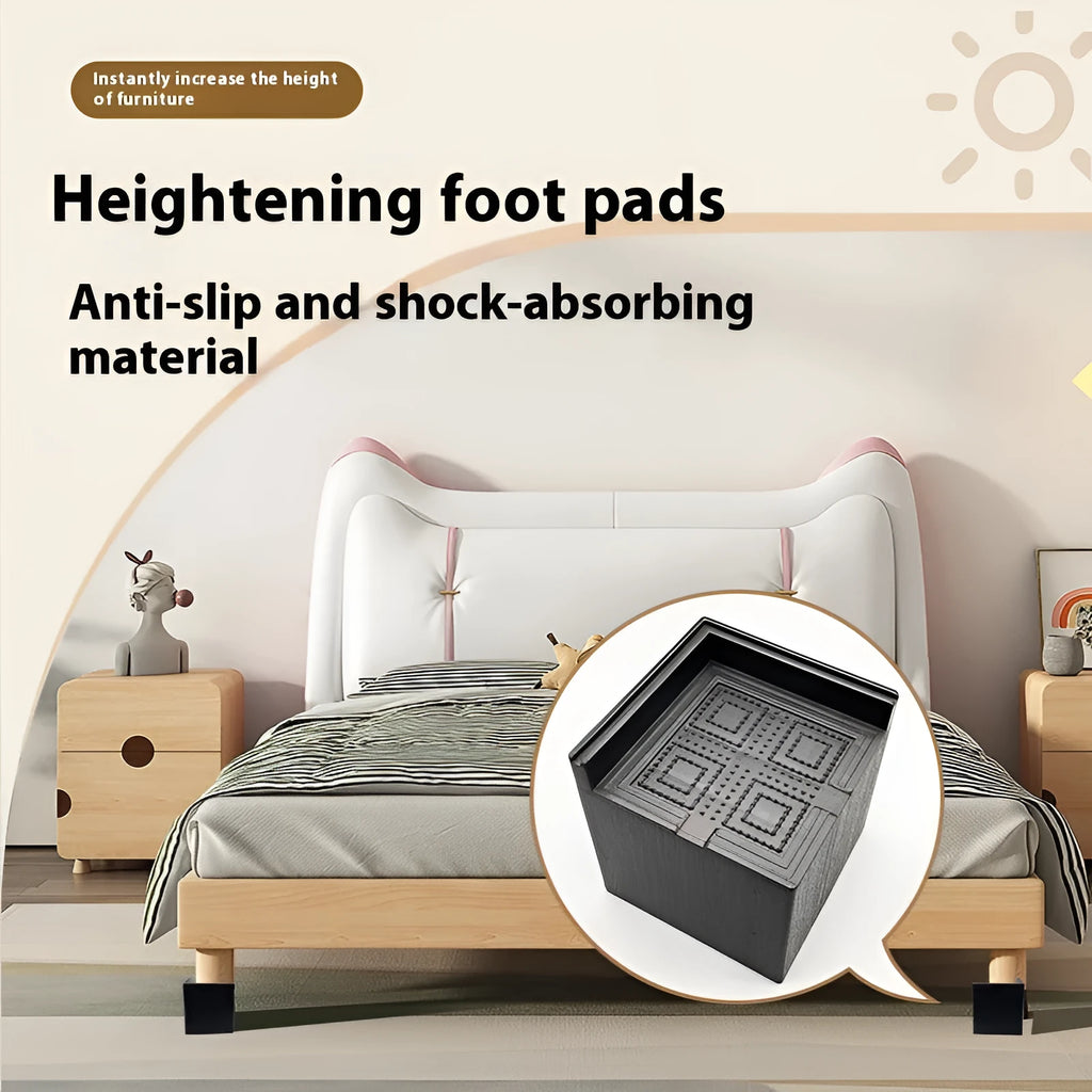 Four black thickened plastic bed foot mats arranged for height increasing furniture support