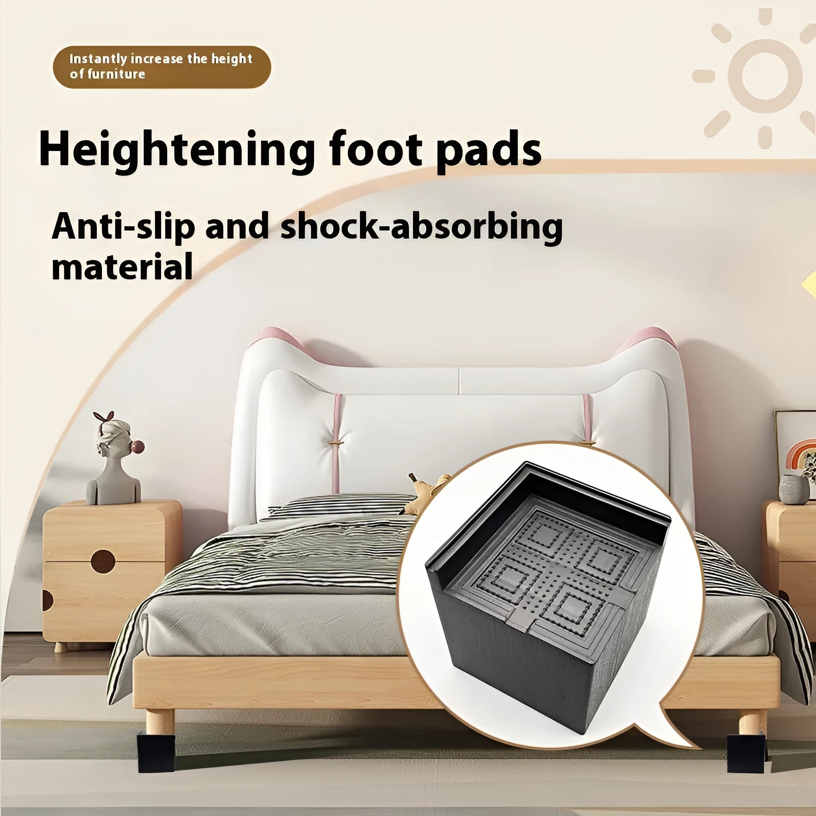 Four black thickened plastic bed foot mats arranged for height increasing furniture support