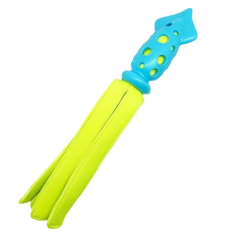 Blue squeaky cuttlefish dog toy for teeth cleaning and fetch, 39 cm, rubber and waterproof cloth
