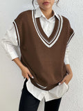 Women's loose college style pullover vest sweater in blue, black, or coffee.