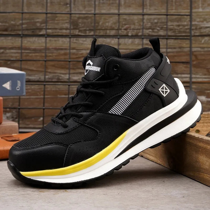 Anti-smashing steel toe cap flat knitted low top work boots rubber sole black colour side view