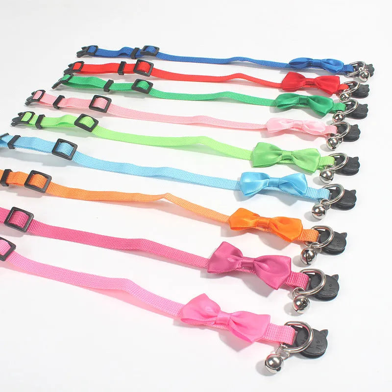 Striped adjustable nylon cat collar with bell in multiple colour options