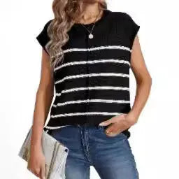 Women's striped sleeveless acrylic pullover vest in apricot colour on a hanger, showing bone stitching detail.