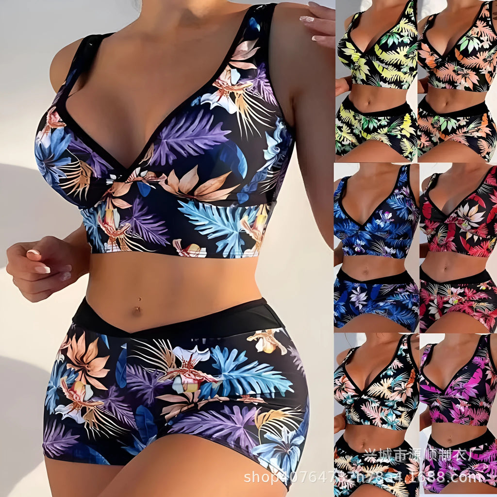 Women's two-piece swimsuit set with sleeveless top and printed boxer shorts in multiple colours.