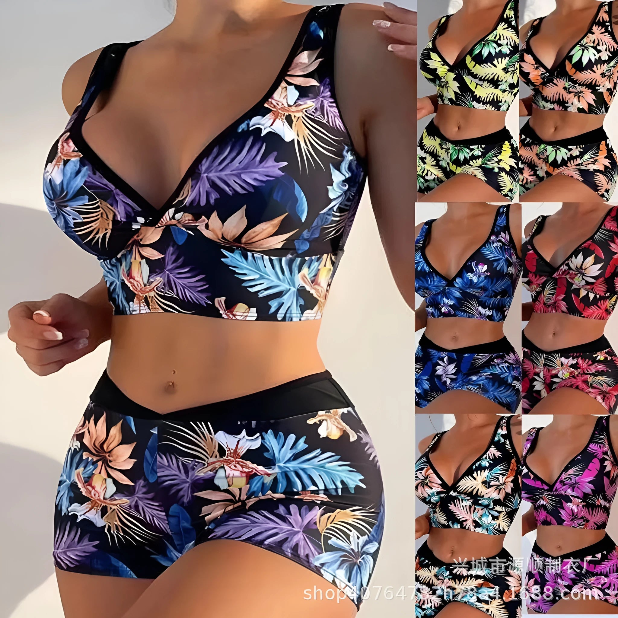 Women's two-piece swimsuit set with sleeveless top and printed boxer shorts in multiple colours.