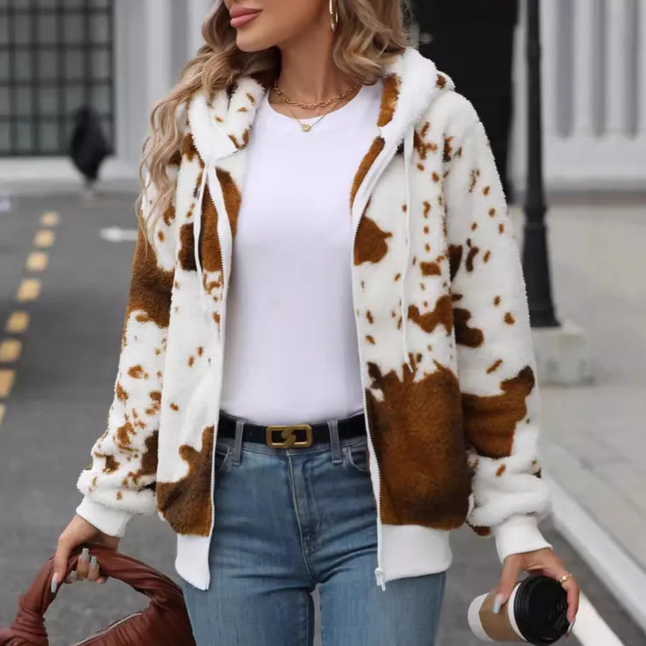 Yellow brown cow animal pattern hooded cardigan jacket with zipper front and regular sleeves